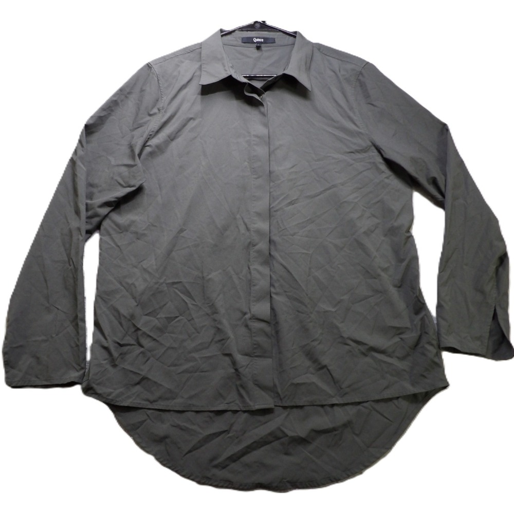 Quince Shirt Women L Gray Hidden Button Stretch Long Sleeve Blouse Oversized Top